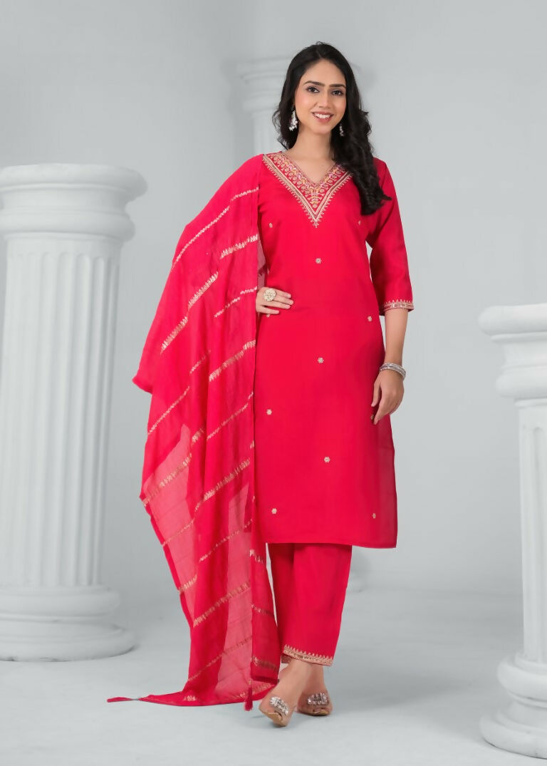 Ethnic Festive Wear Chanderi Red Stitched Suit With Dupatta - Tanisha