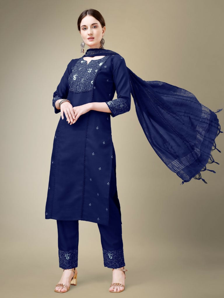 Jyoti Fashion Women's Navy Blue Cotton Blend Embroidery & Fancy Lace work Kurta with Trouser & Dupatta