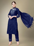 Jyoti Fashion Women's Navy Blue Cotton Blend Embroidery & Fancy Lace work Kurta with Trouser & Dupatta
