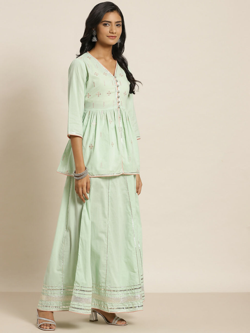 Juniper Pista Green Thread Embroidered Kurta Palazzo & Cotton Dupatta Set