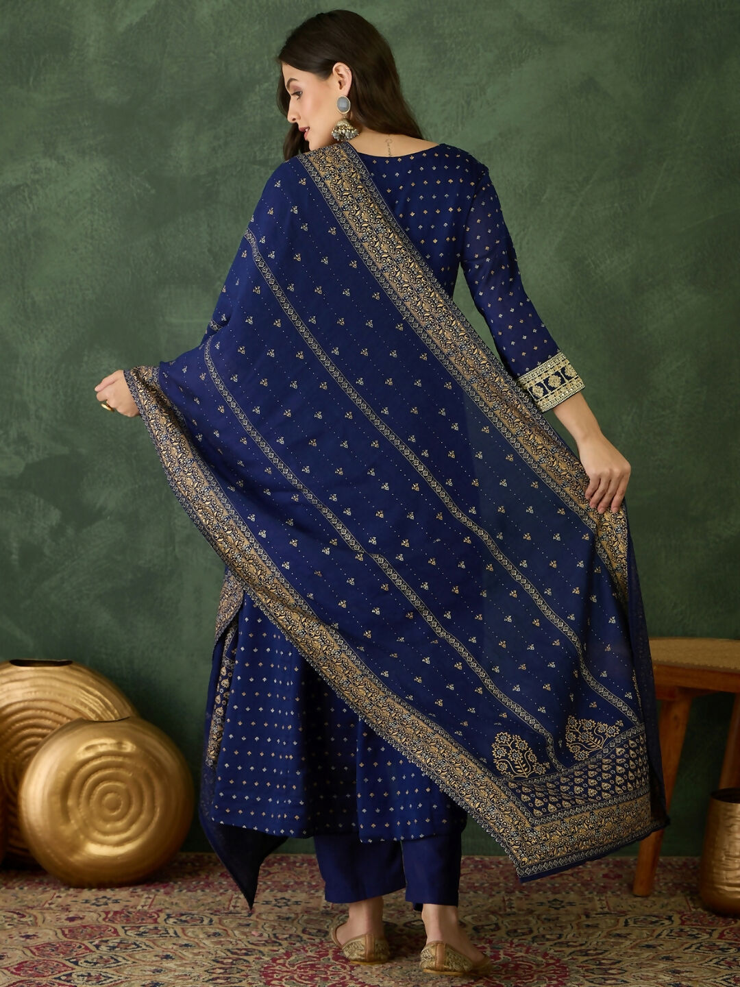 The52 Blue Women's Gorgeous Embroidered Work Vichitra Silk Fabric Flared Kurta Pant and Dupatta Set