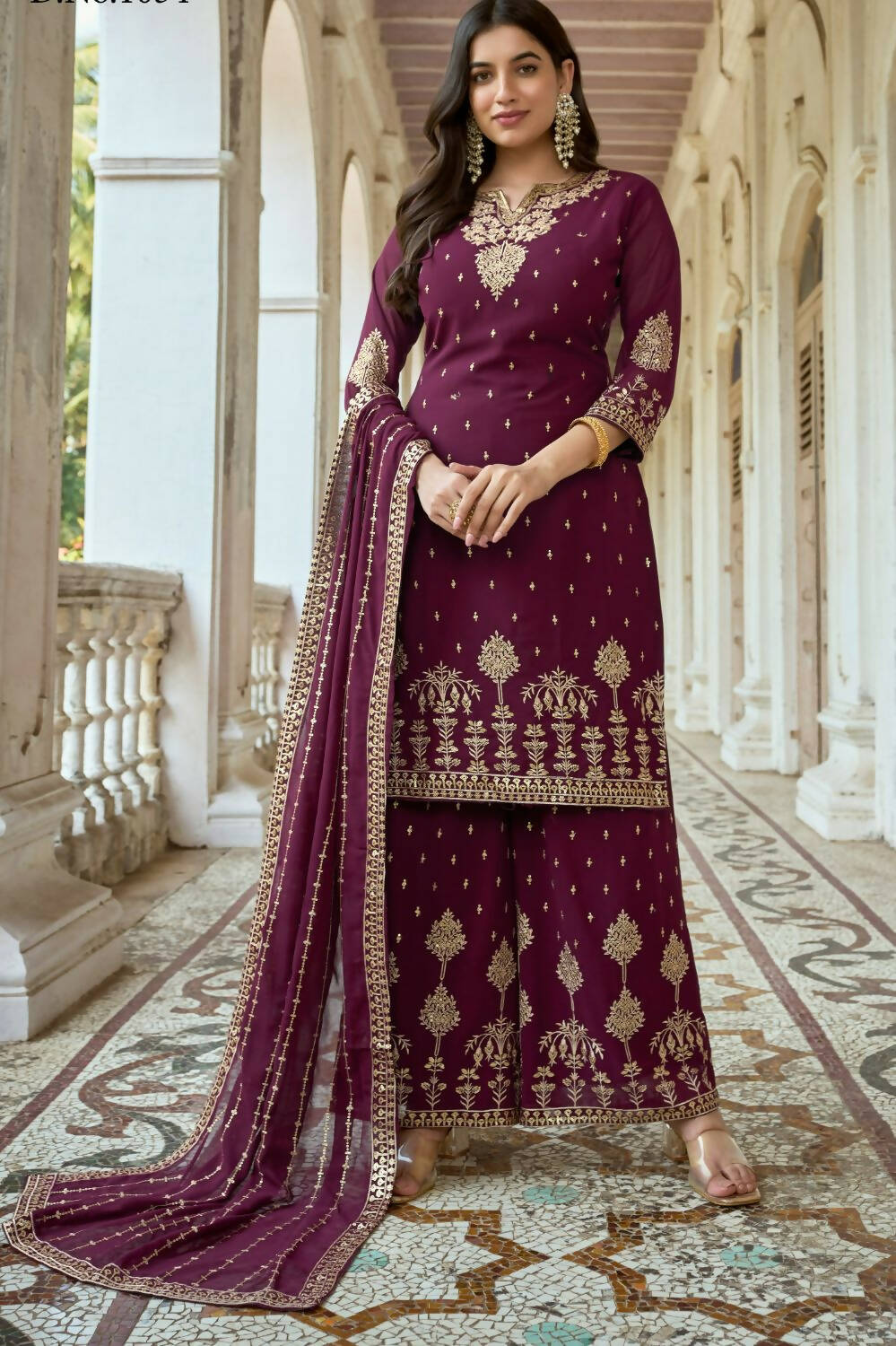 Wine Heavy Fox Georgette Embroidered Semi Stitched Suit - Dhvani