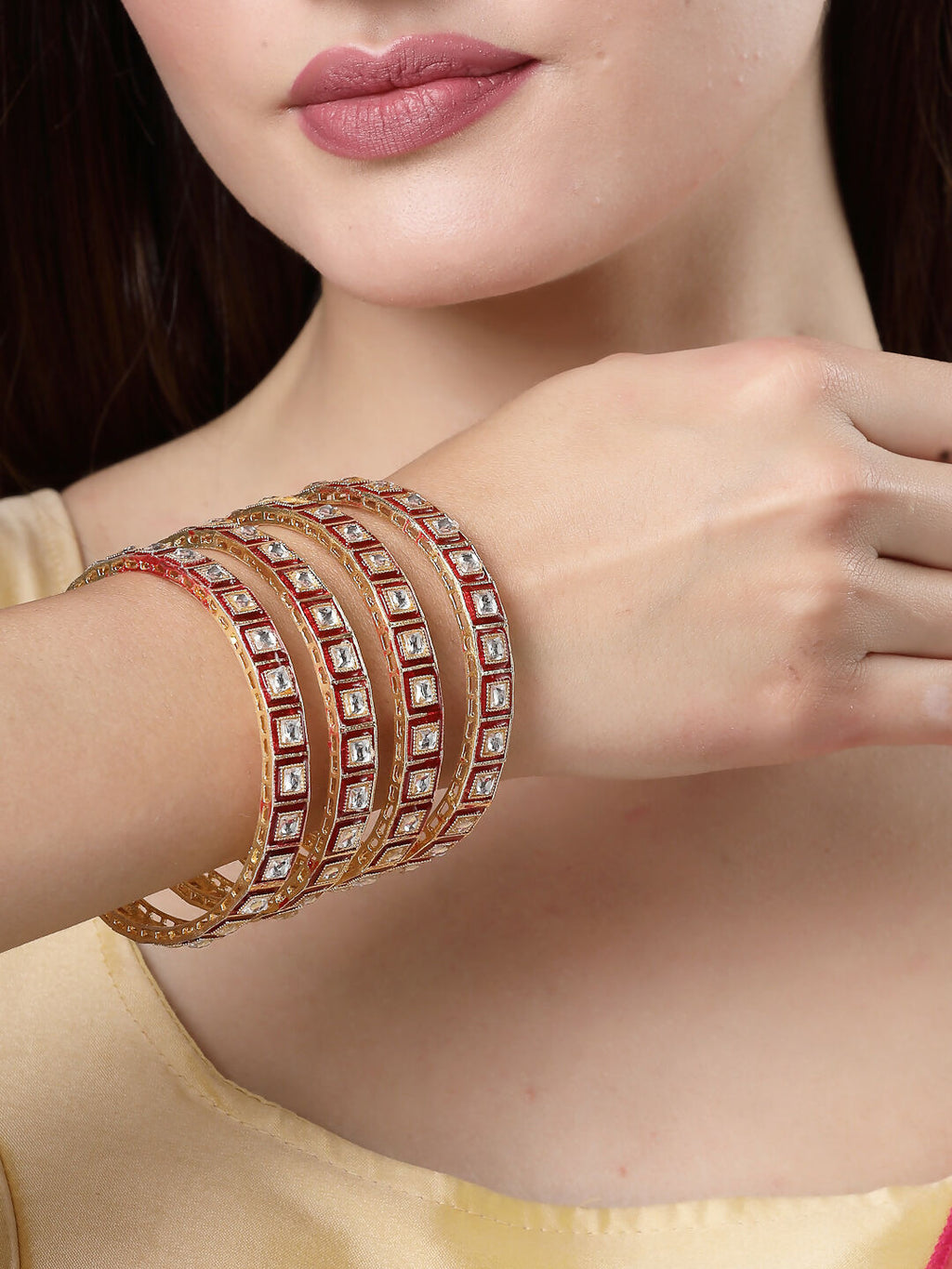 NVR Women's Set Of 4 Gold-Polished Red Kundan-Studded Traditional Bangles