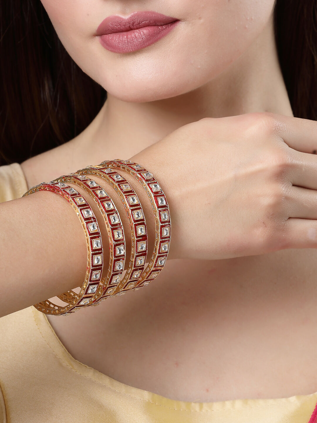 NVR Women's Set Of 4 Gold-Polished Red Kundan-Studded Traditional Bangles
