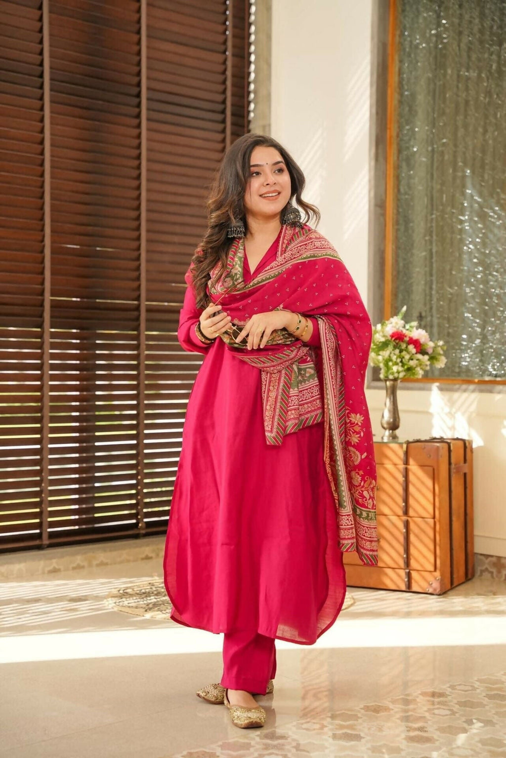 The52 Rani Women's Beautiful South Cotton Fabric Straight Kurta with Pant And Dupatta Set