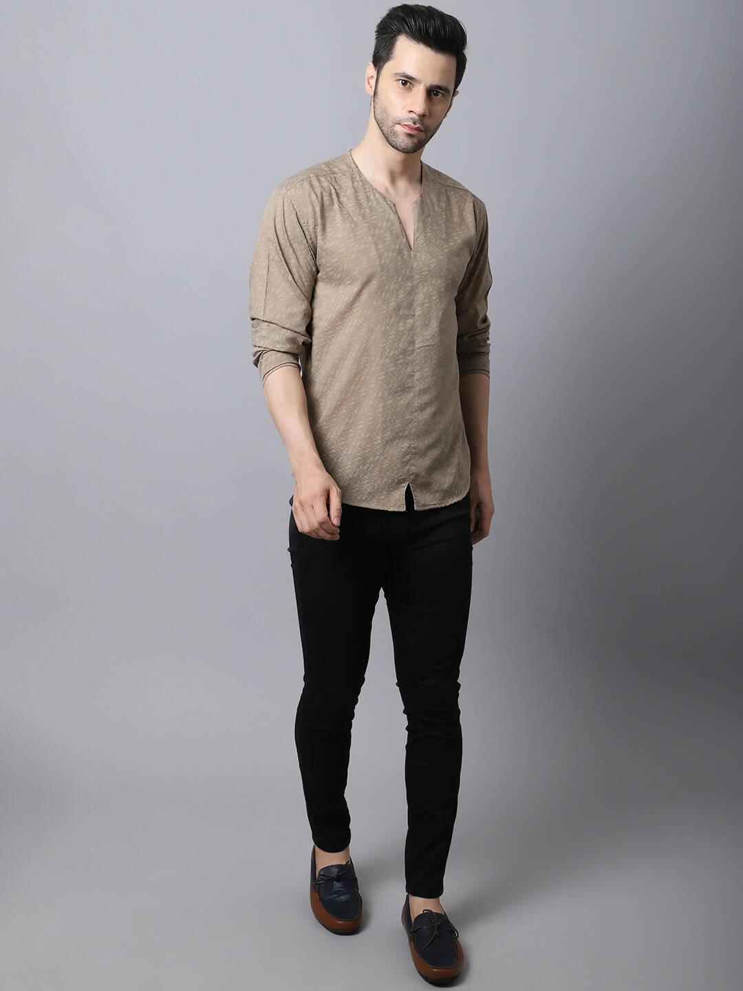 Even Apparels Beige Pure Cotton Round Neck Slit Men's Kurta