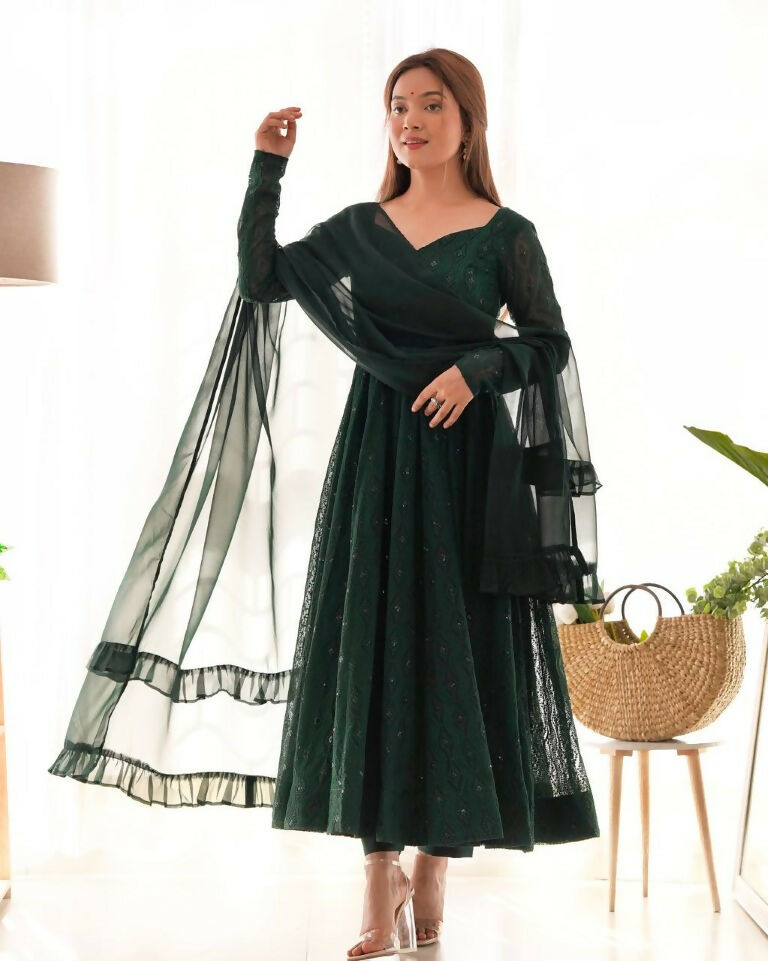 Teeya Creation Green Color Faux Georgette Embroidery Work Wedding Wear Gown