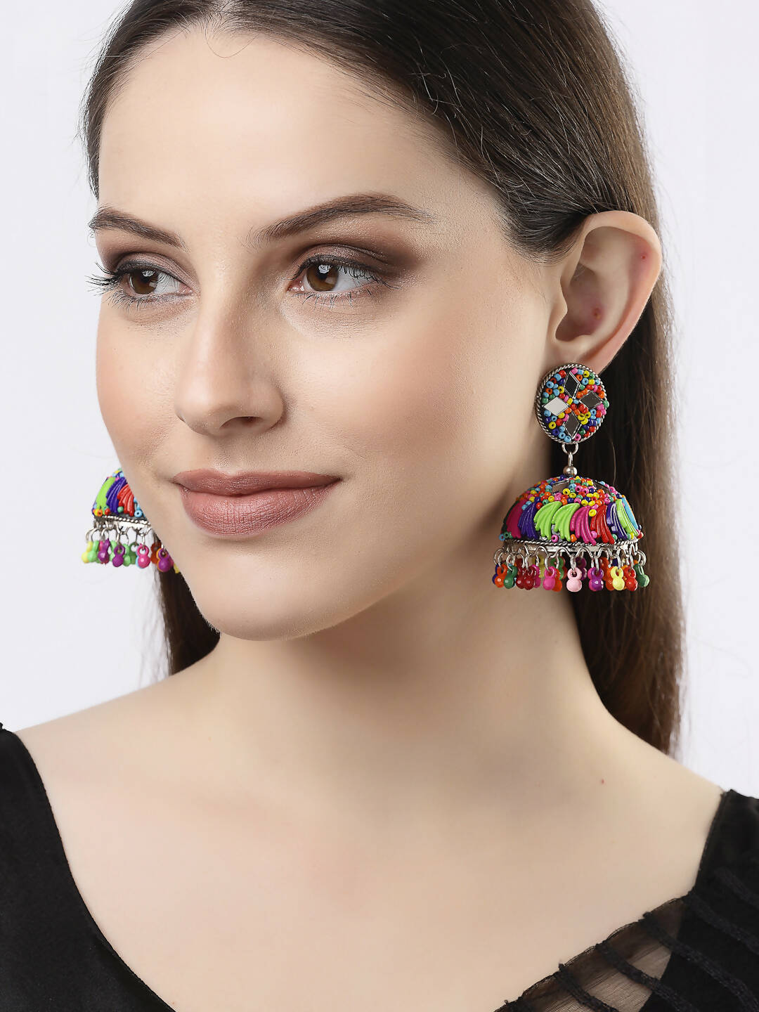 NVR Women Multi Color Artificial Beads Brass-Plated Jhumka Earrings