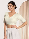 Joban Fashion Off White Crochet Padded Blouse With V Neck Elbow Sleeves