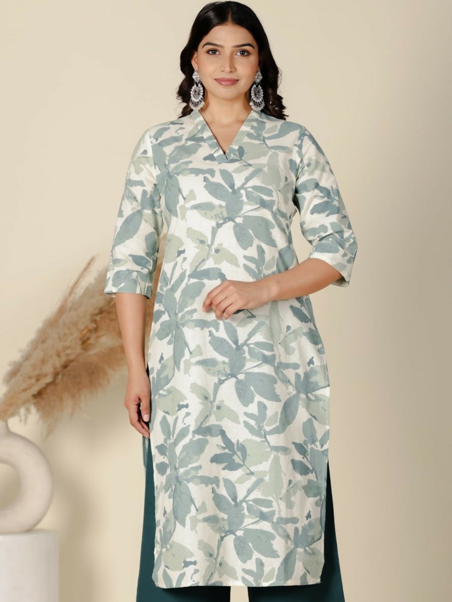 Aramya Green Linen Cotton Foliage Straight Kurta for Women