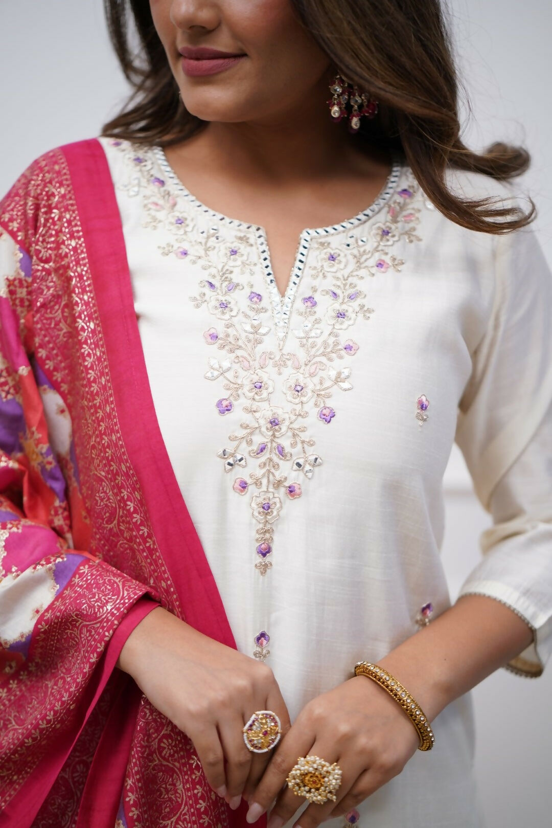 The52 Off White Beautiful Embroidered Viscose Chanderi Fabric Straight Kurta Pant with Dupatta Set