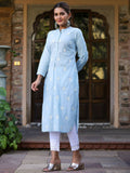 Juniper Women's Blue Cambric Embroidered Straight Kurta