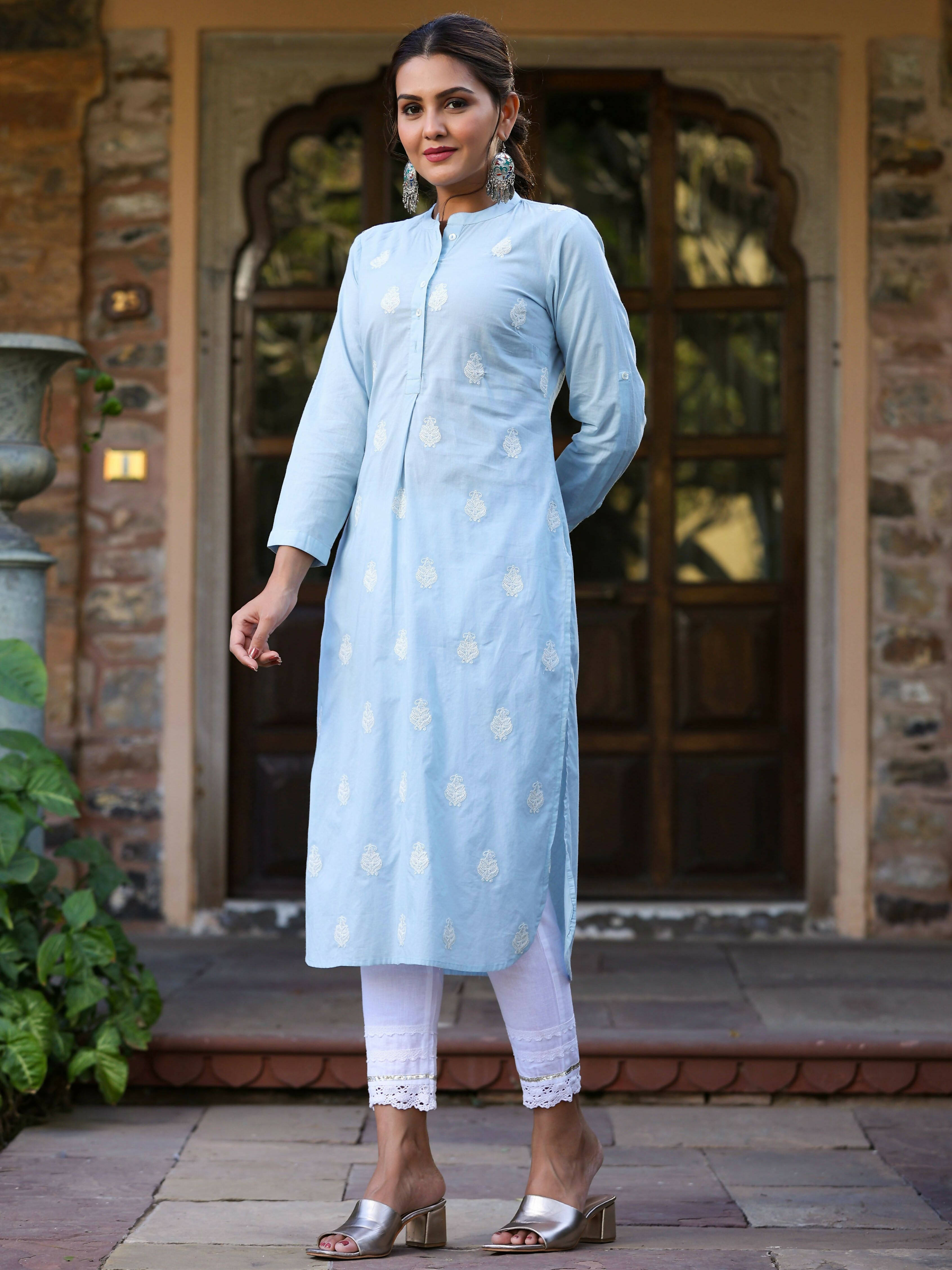 Juniper Women's Blue Cambric Embroidered Straight Kurta