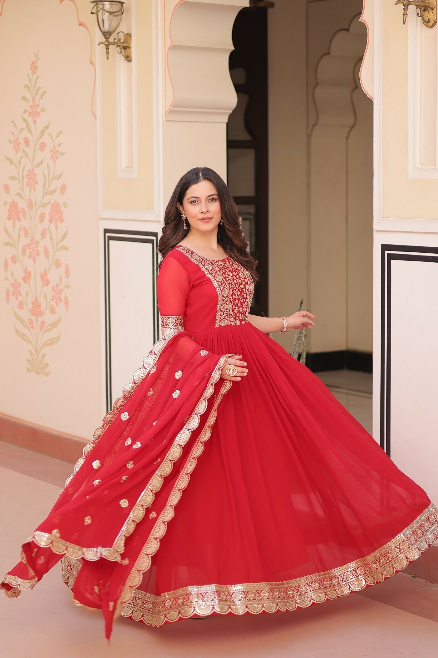 Joban Fashion Red Georgette Sequence Embroidery Work Kurta Set