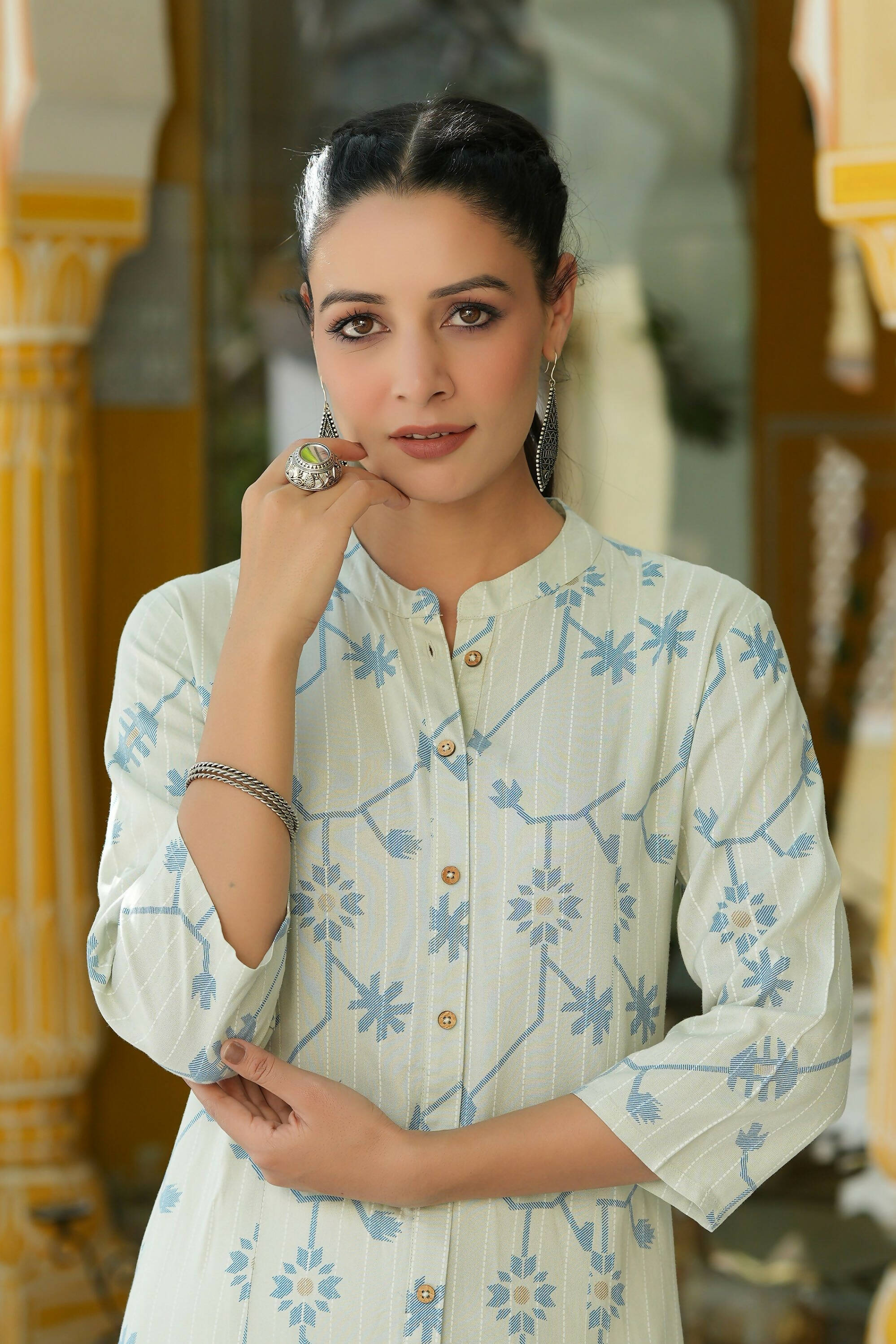 Juniper Women's Sky Blue Rayon Staple Printed A-Line Kurta