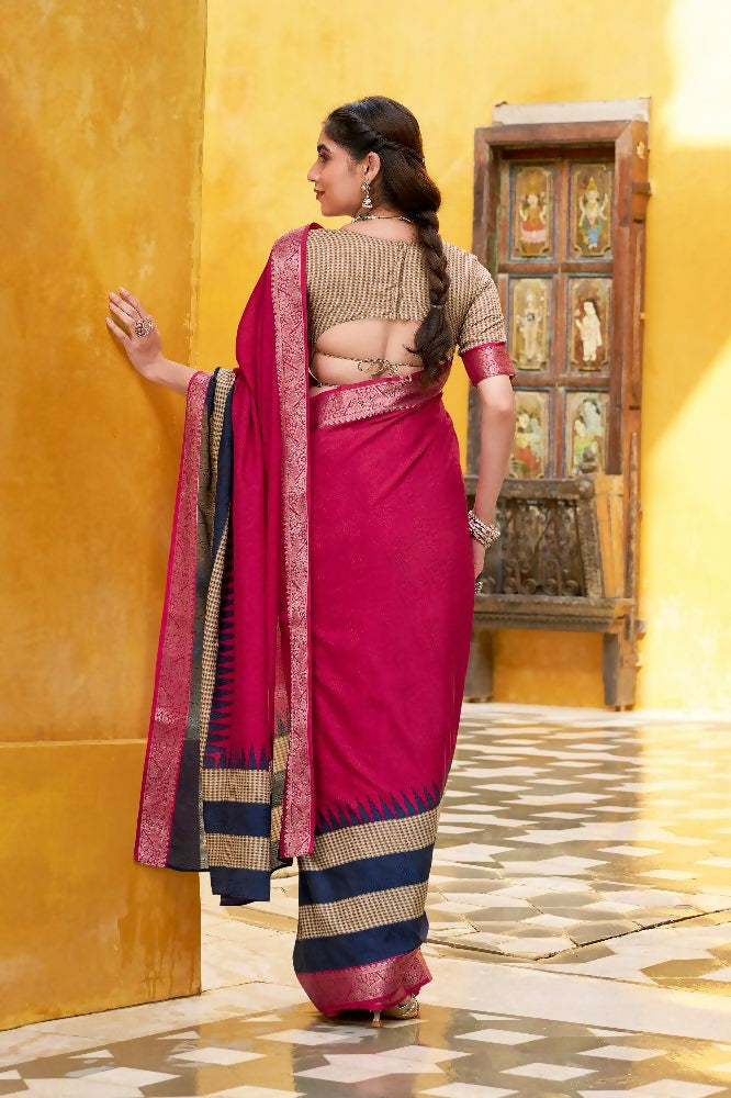 PR Fashion Pink Poly Cotton Printed With Zari Weaving Work Saree