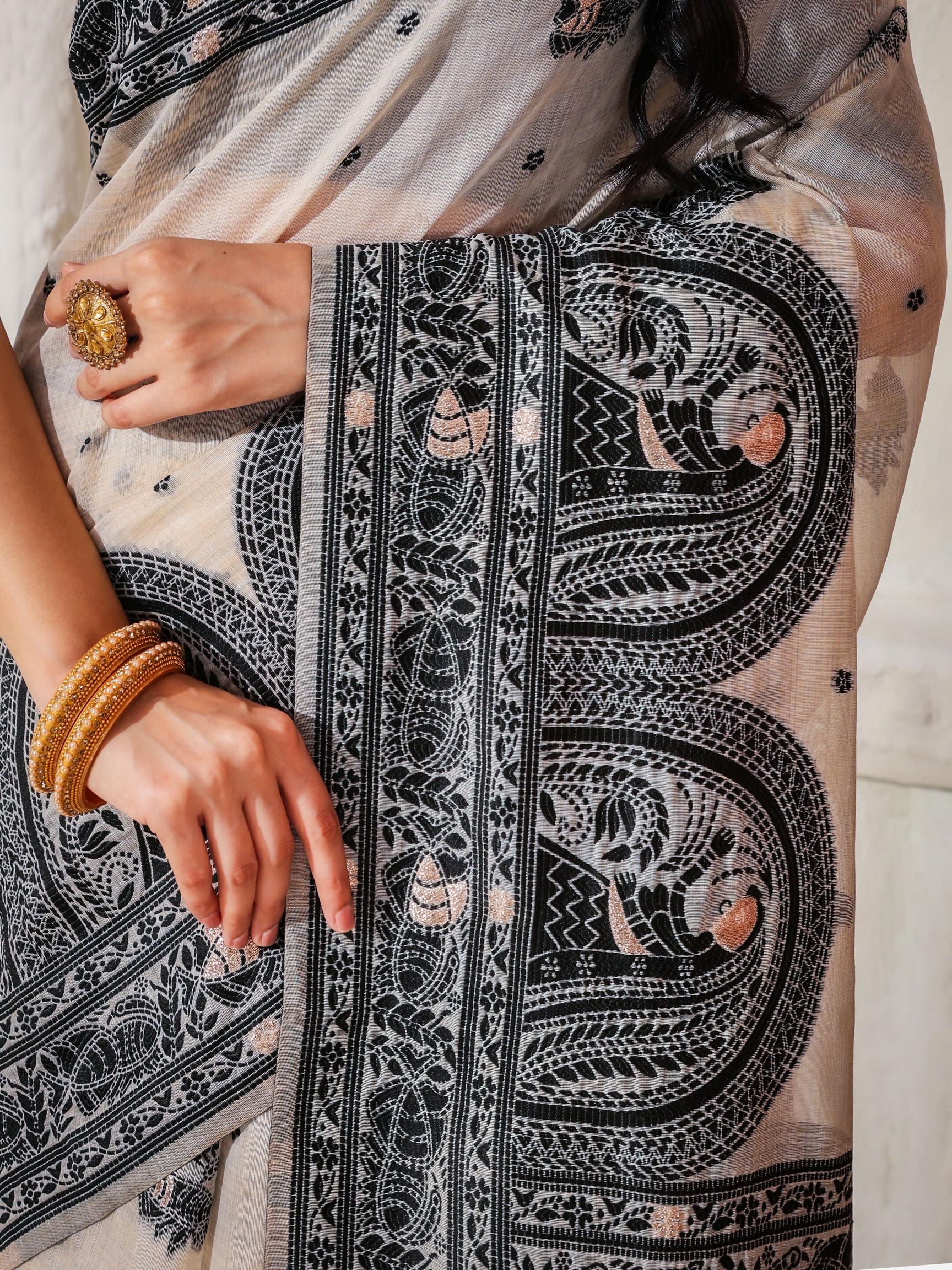 Shree Shyam Fashion Linen Cotton Black & Cream Saree
