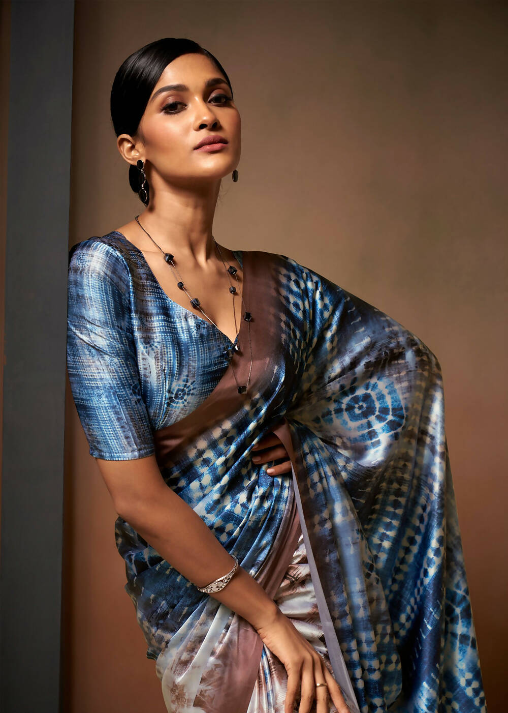 Blue Satin Digital Printed Saree with Unstitched Blouse Piece - Jodha
