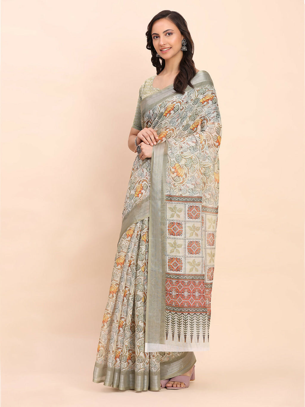 Shree Shyam Fashion Linen Cotton White Saree
