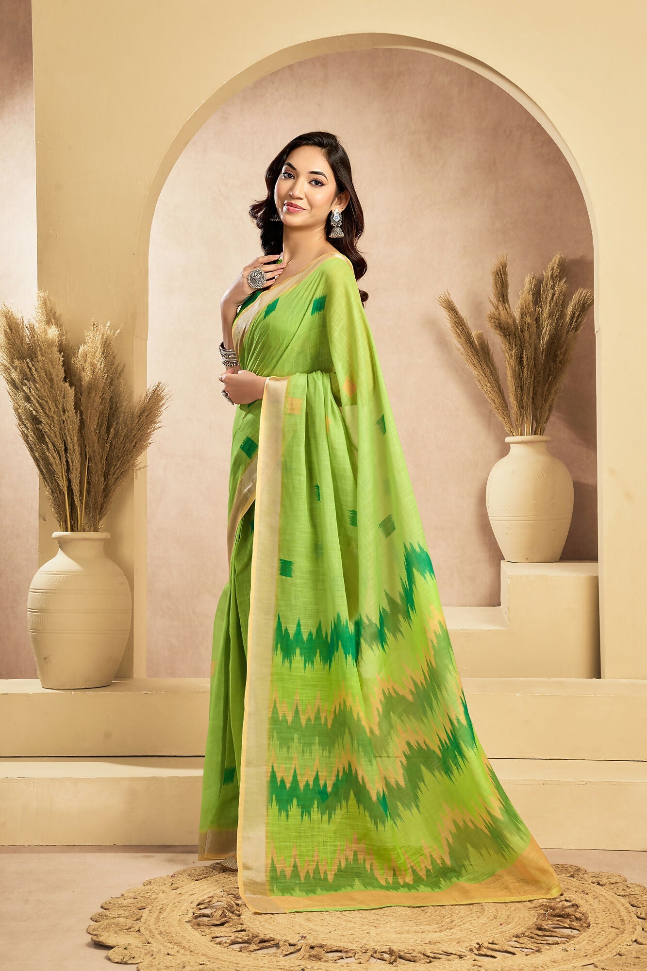 Vastranavya Mint Green Digital Printed Linen Ready To Wear Pocket Saree with Unstitched Blouse