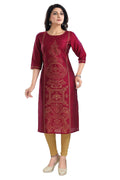 Snehal Creations Majenta Raw Silk Block Print Long Kurta For Women