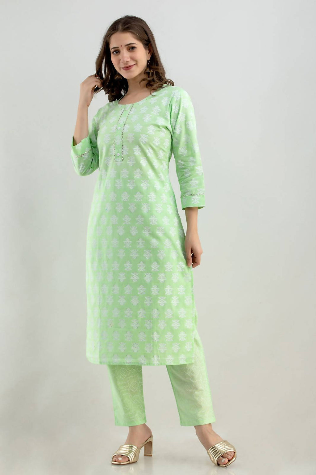 Vamika Printed Cotton Green Party Wear/Casual Wear Kurta Set/Suit