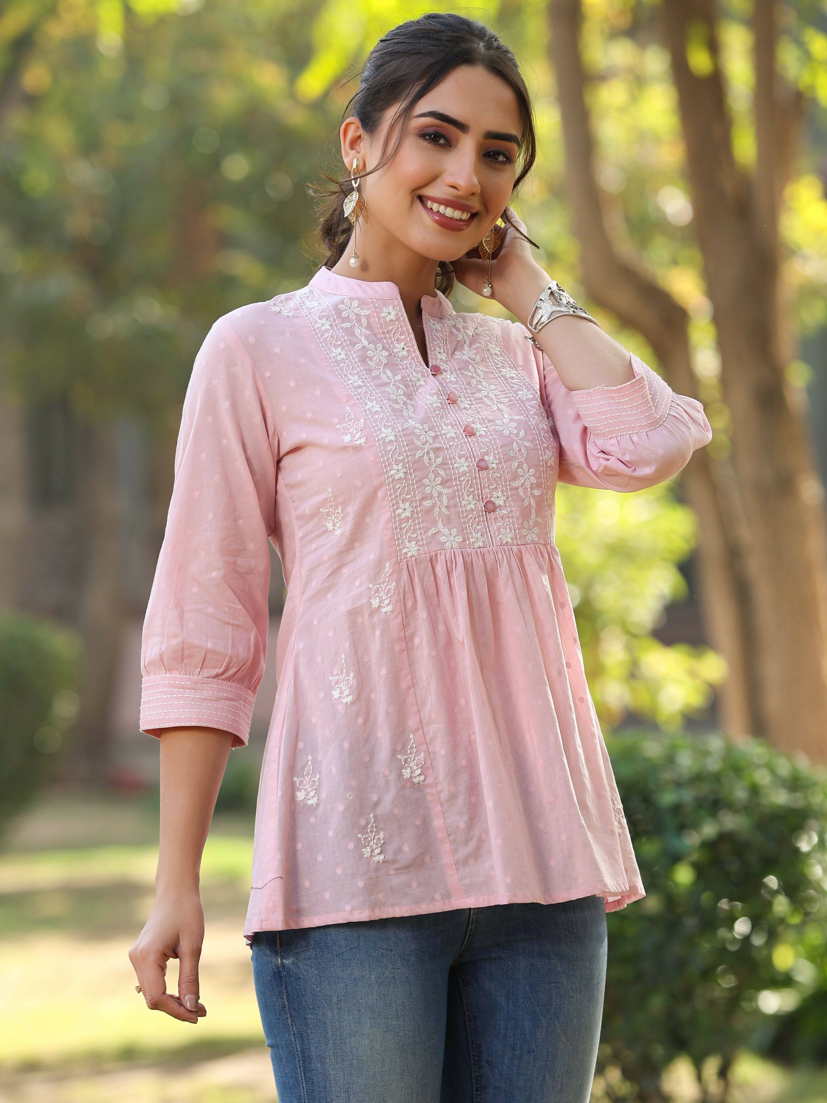 Juniper Women's Pink Cotton Solid With Embroidered Straight Tunic