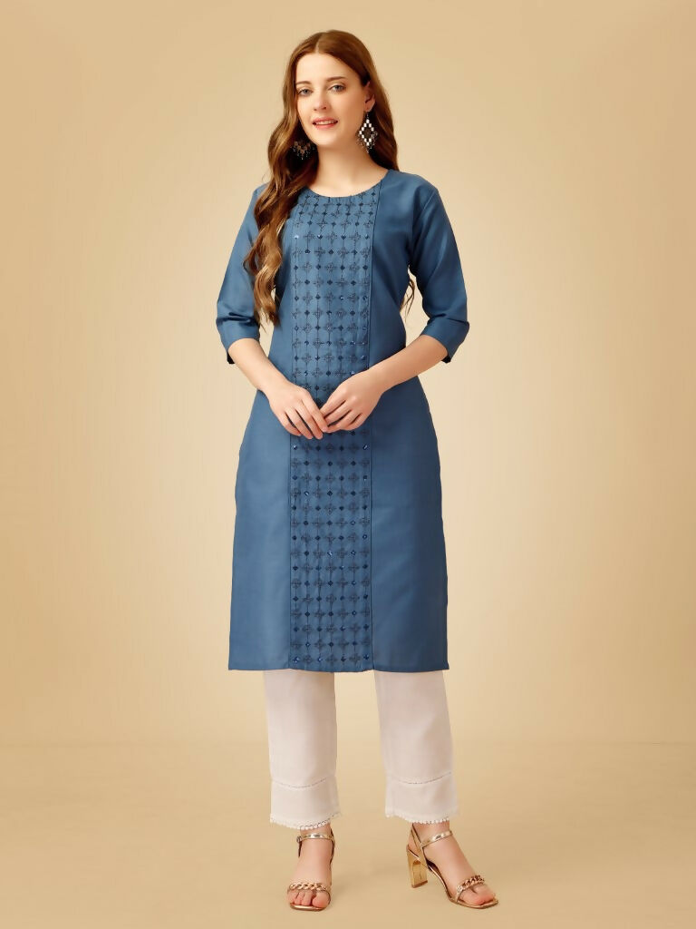 Jyoti Fashion Women's Denim Blue Cotton Blend Embroidered Kurta Pant Set