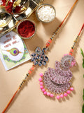 NVR Women & Men Set of 2 Multicolor Peacock Design Stone-Studded & Beaded Bhaiya Bhabhi Rakhi With Roli Chawal & Chocolate