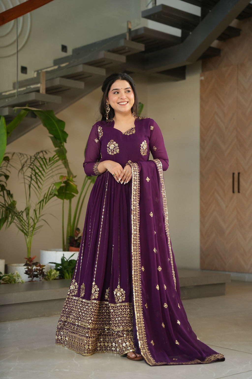 Joban Fashion Wine Georgette Sequence Embroidery Work Kurta Set