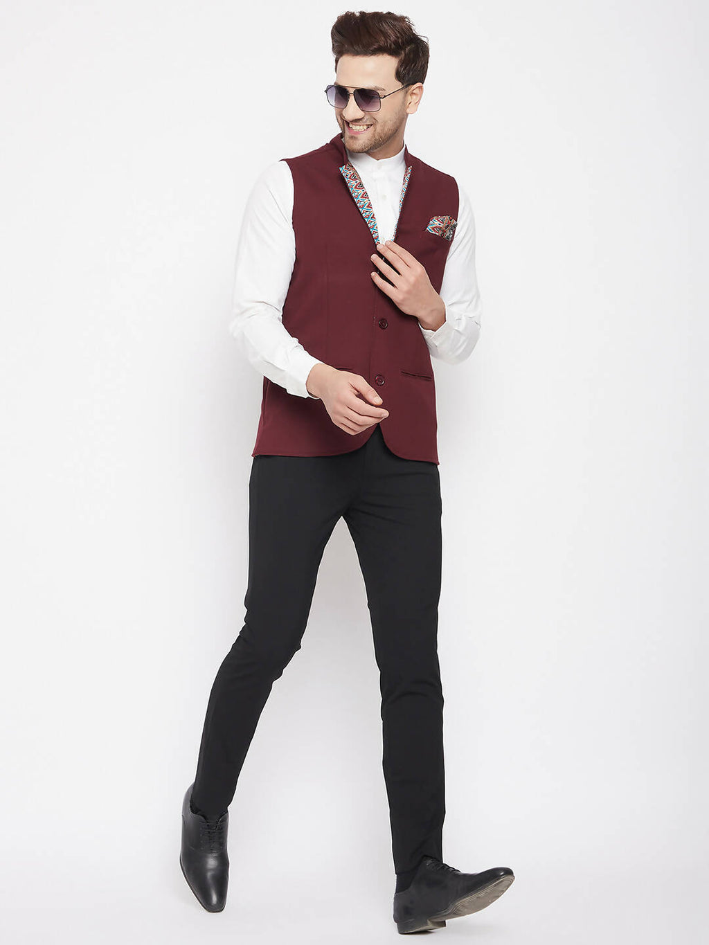 Even Apparels Maroon Merino Men's Nehru Jacket-Contrast Lining-Inbuilt Pocket Square