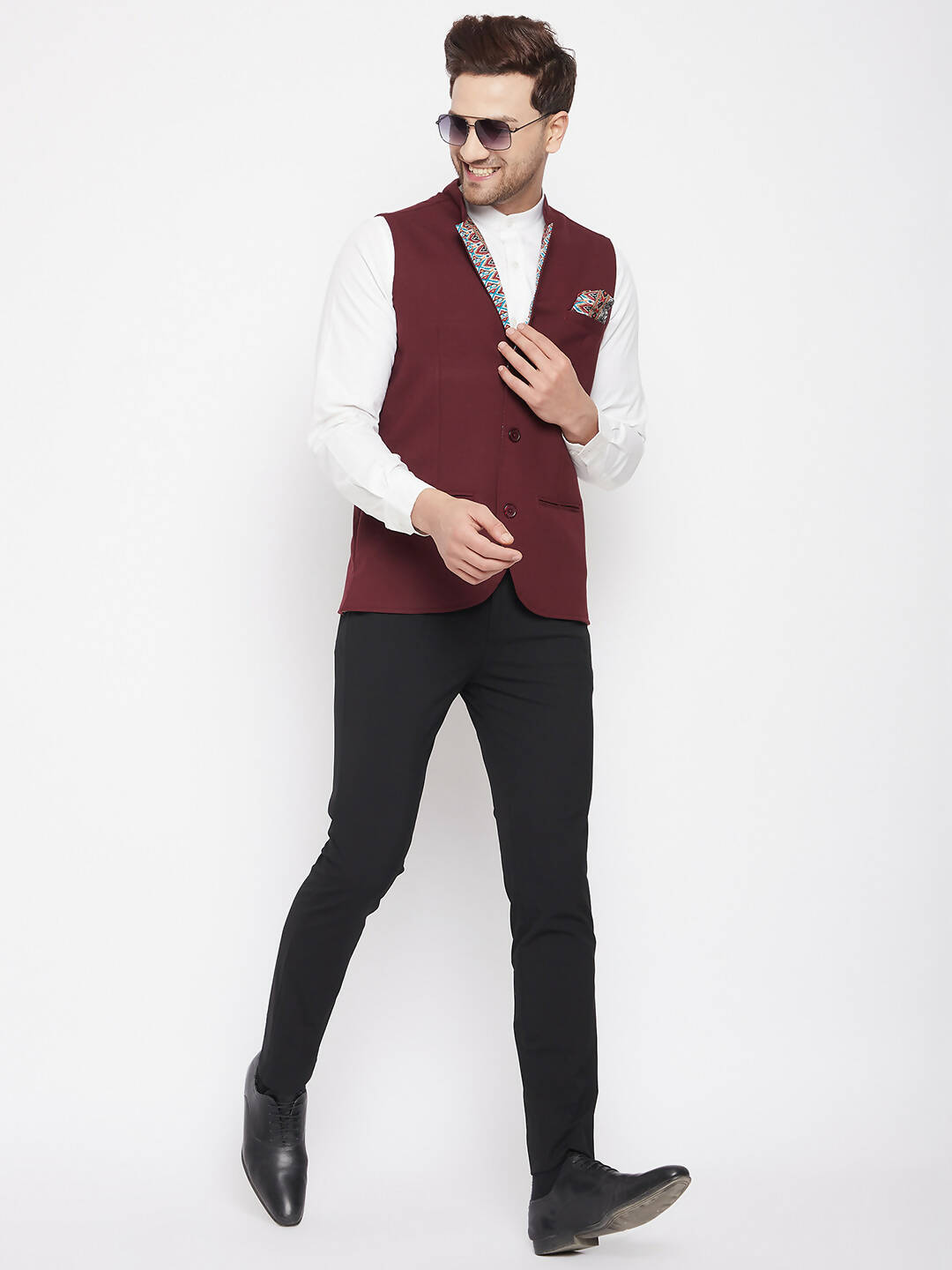 Even Apparels Maroon Merino Men's Nehru Jacket-Contrast Lining-Inbuilt Pocket Square