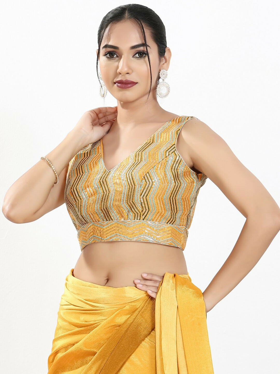 Joban Fashion Yellow Multi Silk Padded Blouse With V Neck Sleeveless