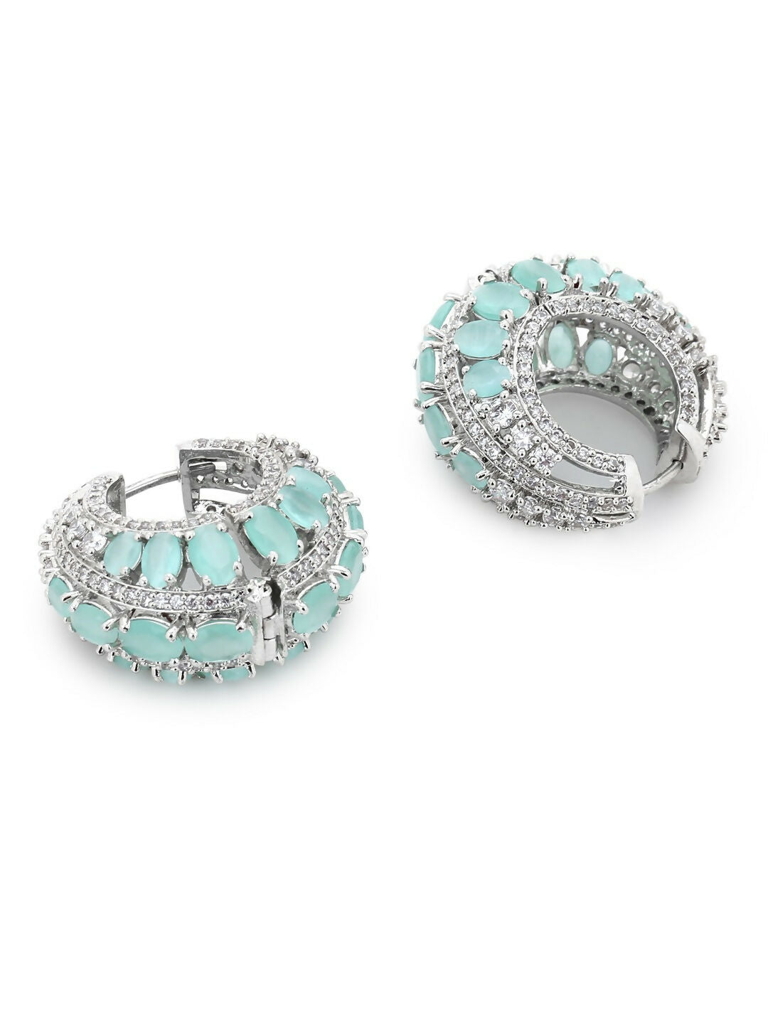 Aqua & Silver Diamond Hoops Earrings- Ruby Raang