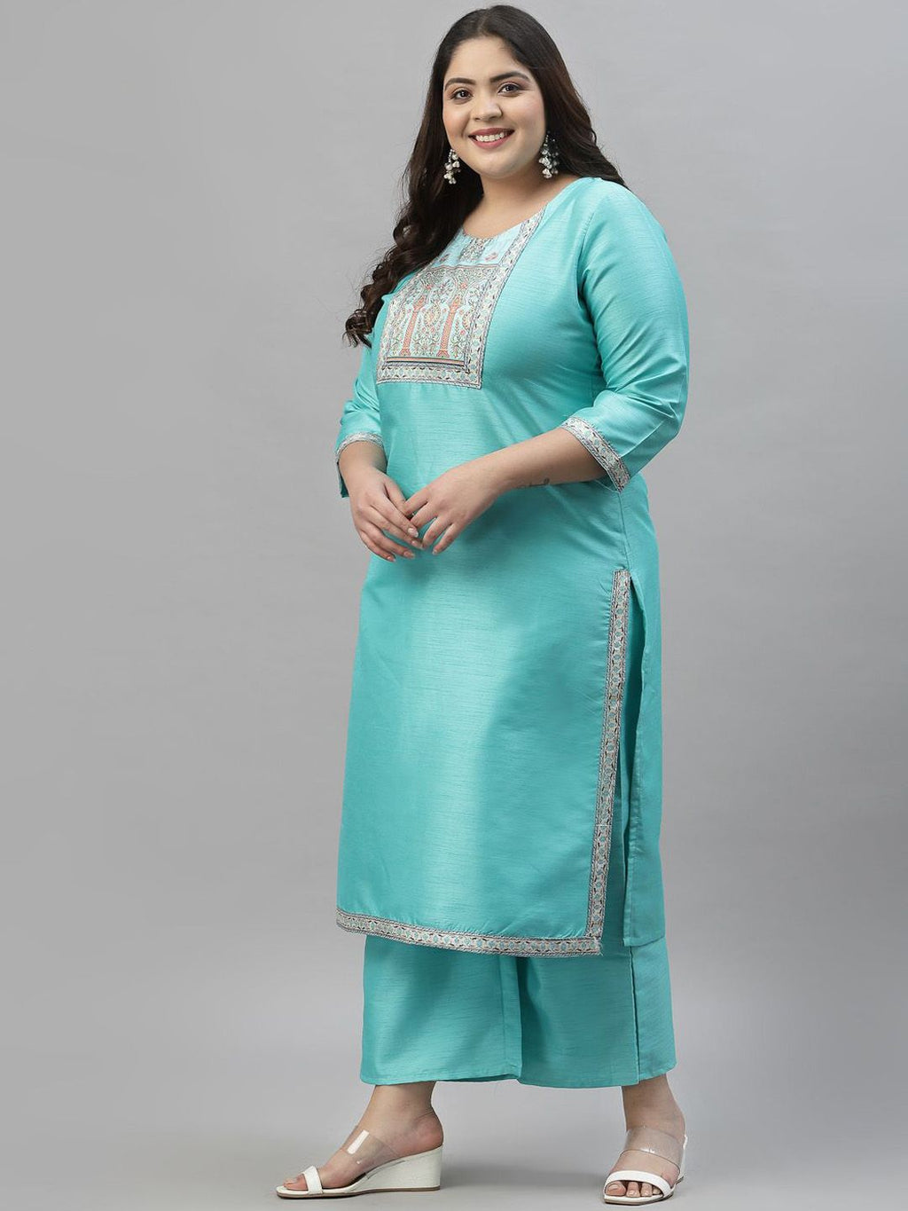 Sztori Plus Size Ethnic Motifs Yoke Design Straight Kurta With Palazzos