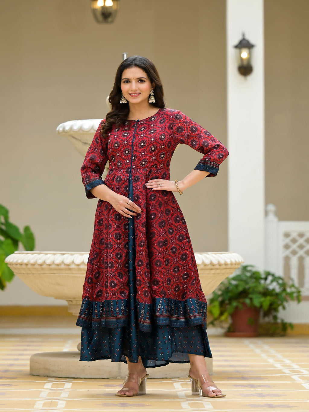 Juniper Women's Red Ethnic Motif Printed Cotton Maxi Dress With Button