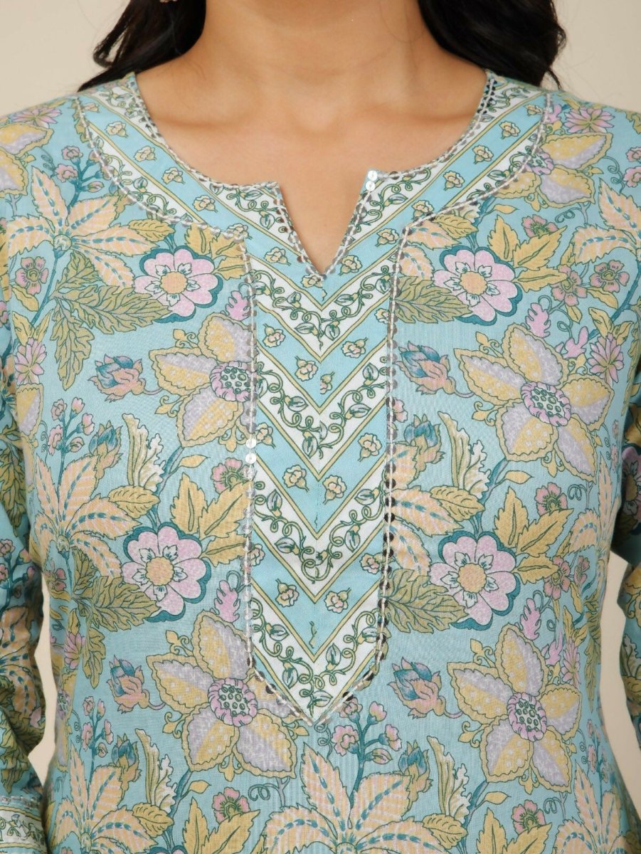Aramya Blue Soft Cotton Floral Straight Kurta for Women