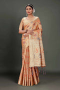 Peach Soft Organza Woven Design Saree With Unstitched Blouse Piece - Zaara