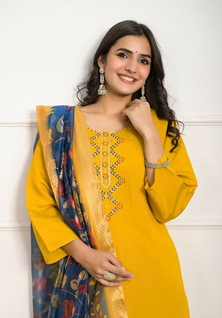 Festive Wear Ethnic YellowViscose Chanderi Stitched Suit With Dupatta - Tanisha