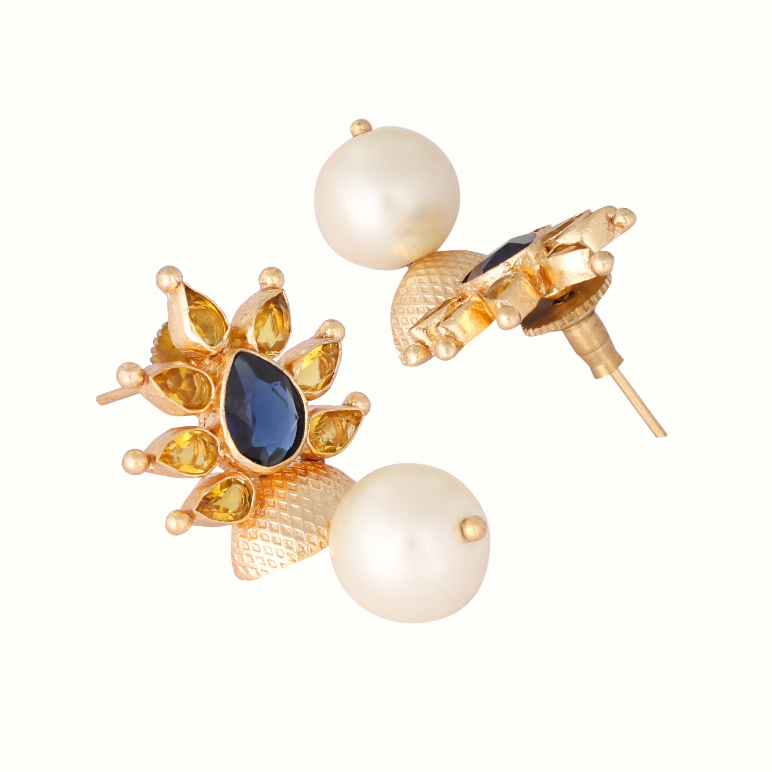 Nuyug 22K Gold Plated Pearl & Crystal Studded Contemporary Floral Stud Earrings