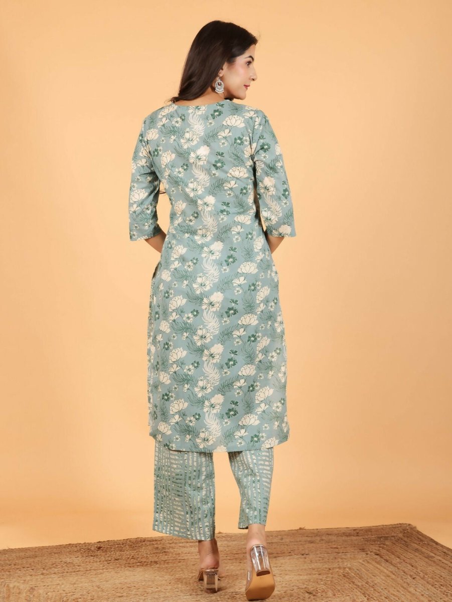 Aramya Straight Soft Cotton Floral Print Women's Kurta Set - Green