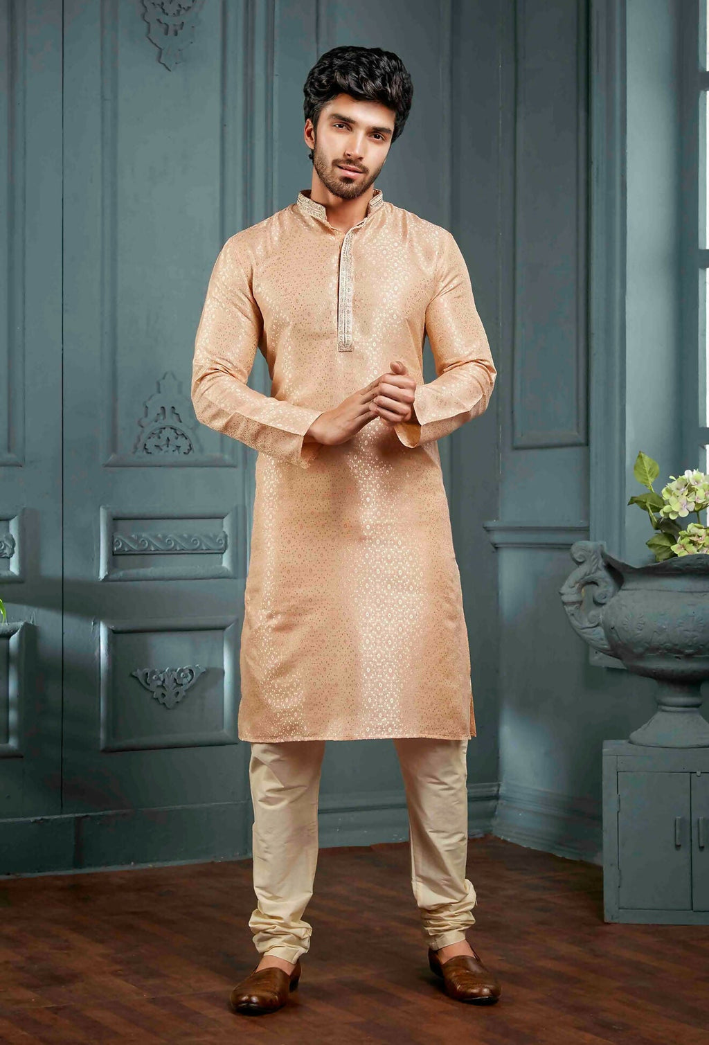 Joban Fashion Men's Light Peach Poly Jacquard Kurta Pajama