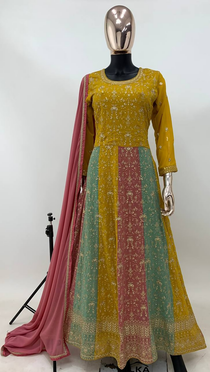 Lorenvalley Fashion Yellow Faux Georgette Embroidery with Sequince Work Gown Stitched