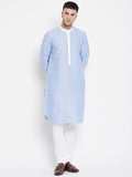 Even Apparels Blue Color Pure Cotton Men's Kurta With Contrast Collar And Placket