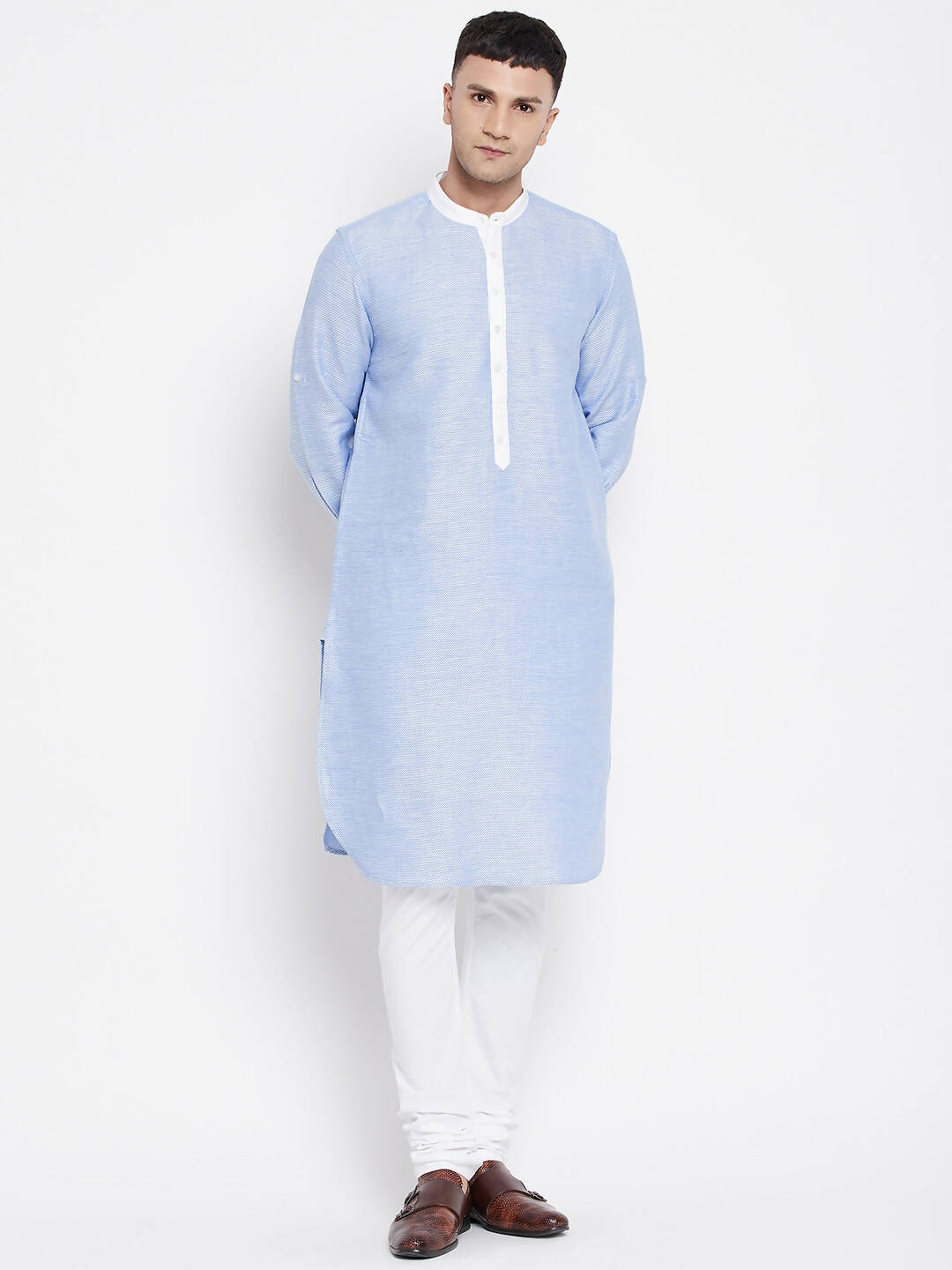 Even Apparels Blue Color Pure Cotton Men's Kurta With Contrast Collar And Placket