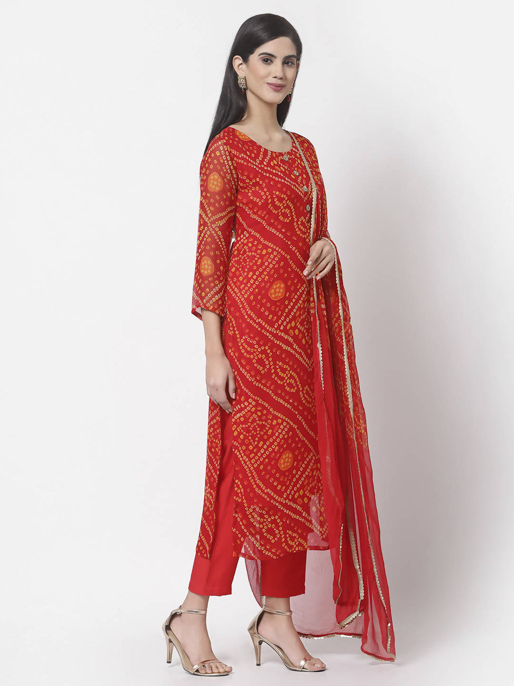Myshka Women Red Georgette Printed 3/4 Sleeve Round Neck Kurta Pant Dupatta Set