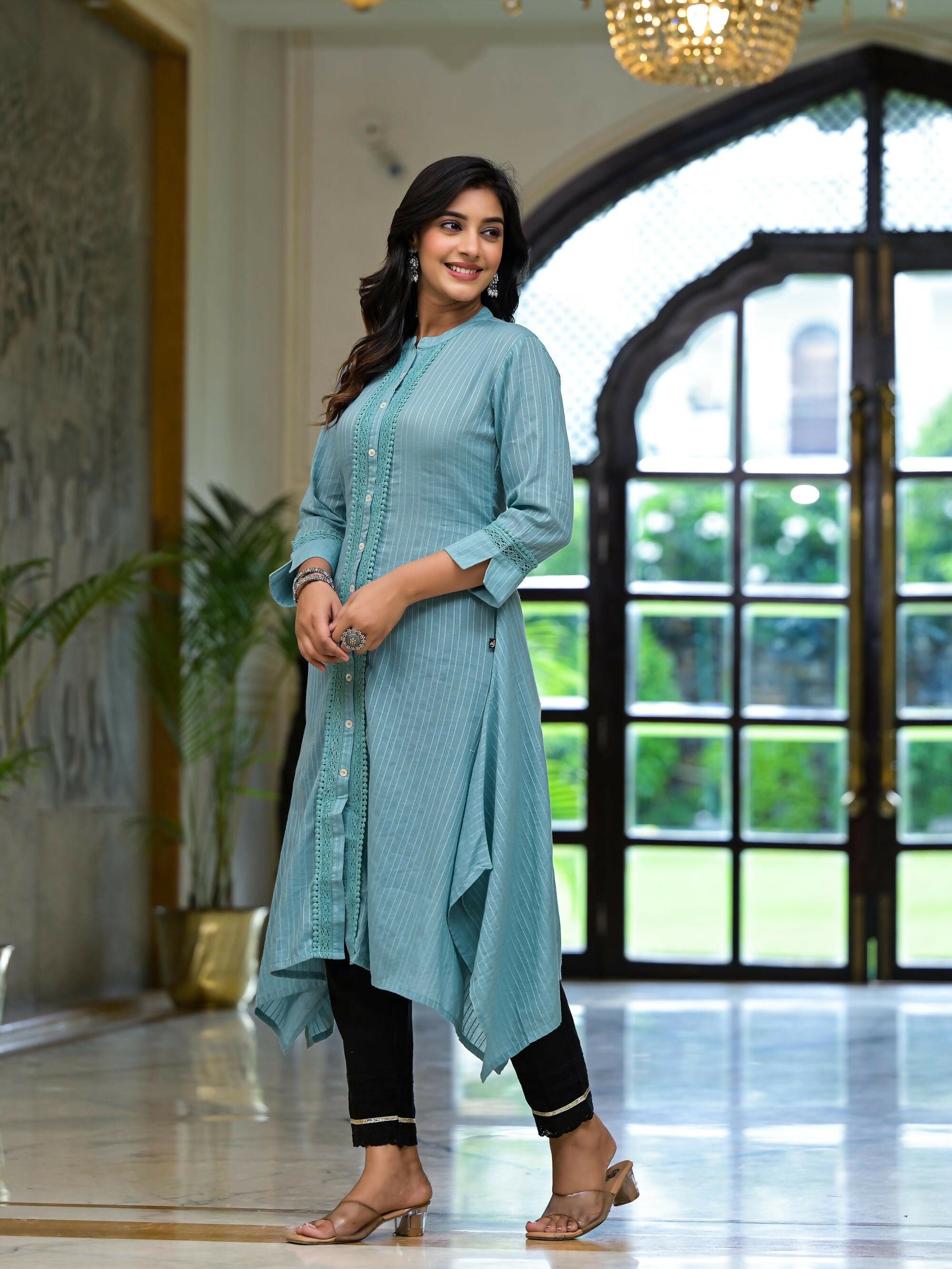 Juniper Women's Sky Blue Thread Embroidered Cotton Asymmetrical Kurta With Button Closure
