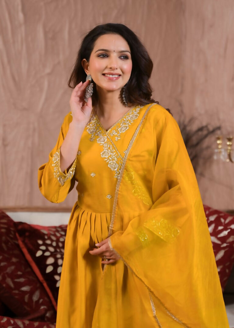 Ethnic Festive Wear Viscose Chanderi Yellow Stitched Suit With Dupatta - Tanisha