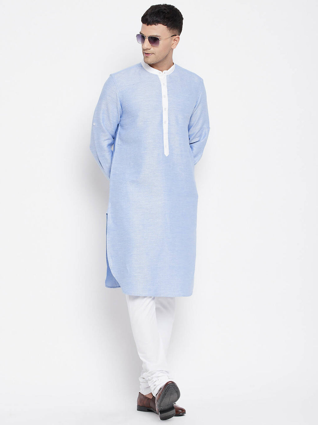 Even Apparels Blue Color Pure Cotton Men's Kurta With Contrast Collar And Placket