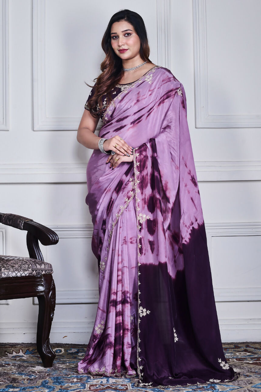 Morchari Wine Crepe Hand Embroidery Saree And Stitched Blouse